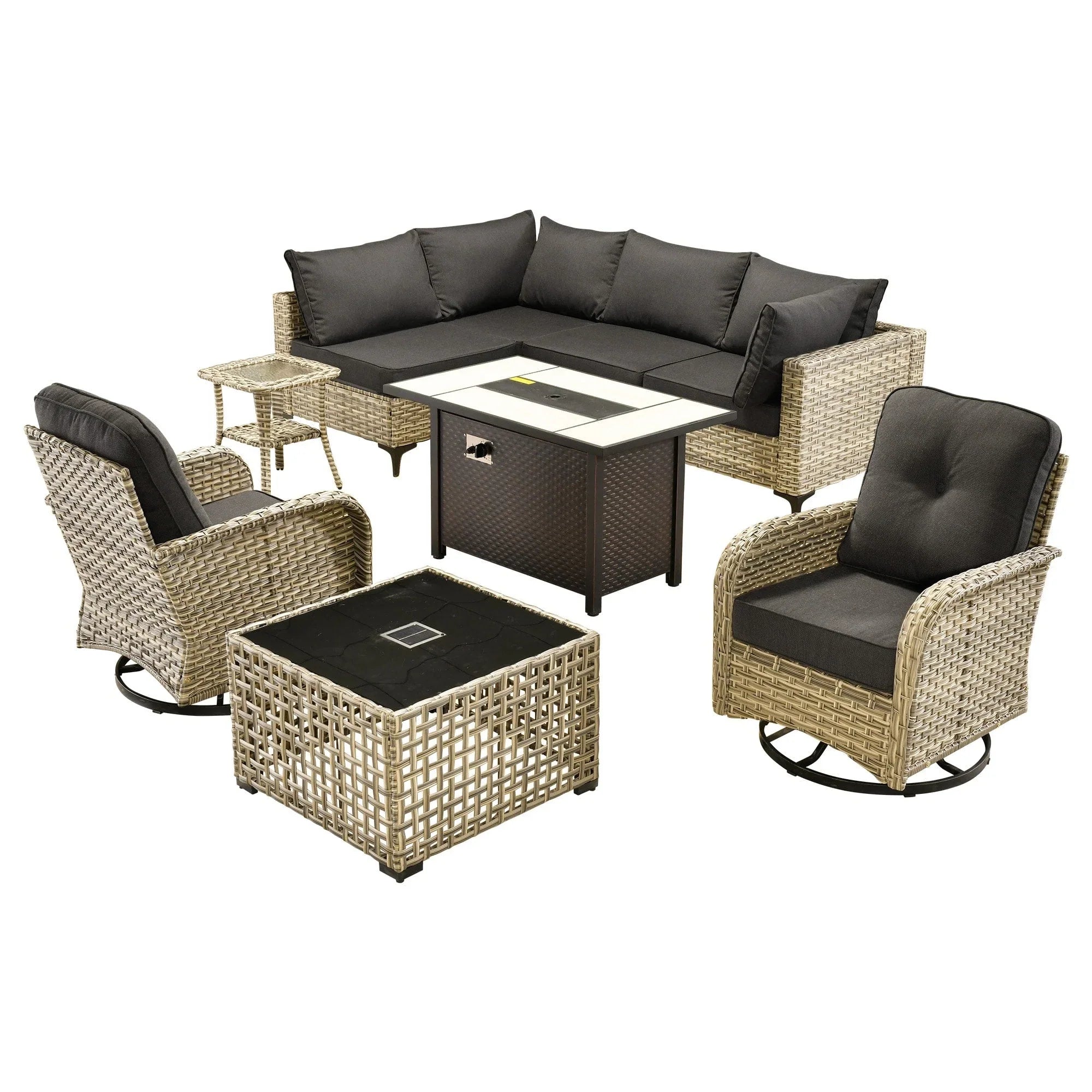 OVIOS 9 Pieces Outdoor Wicker Swivel Chair Set With Fire Table – Image 49