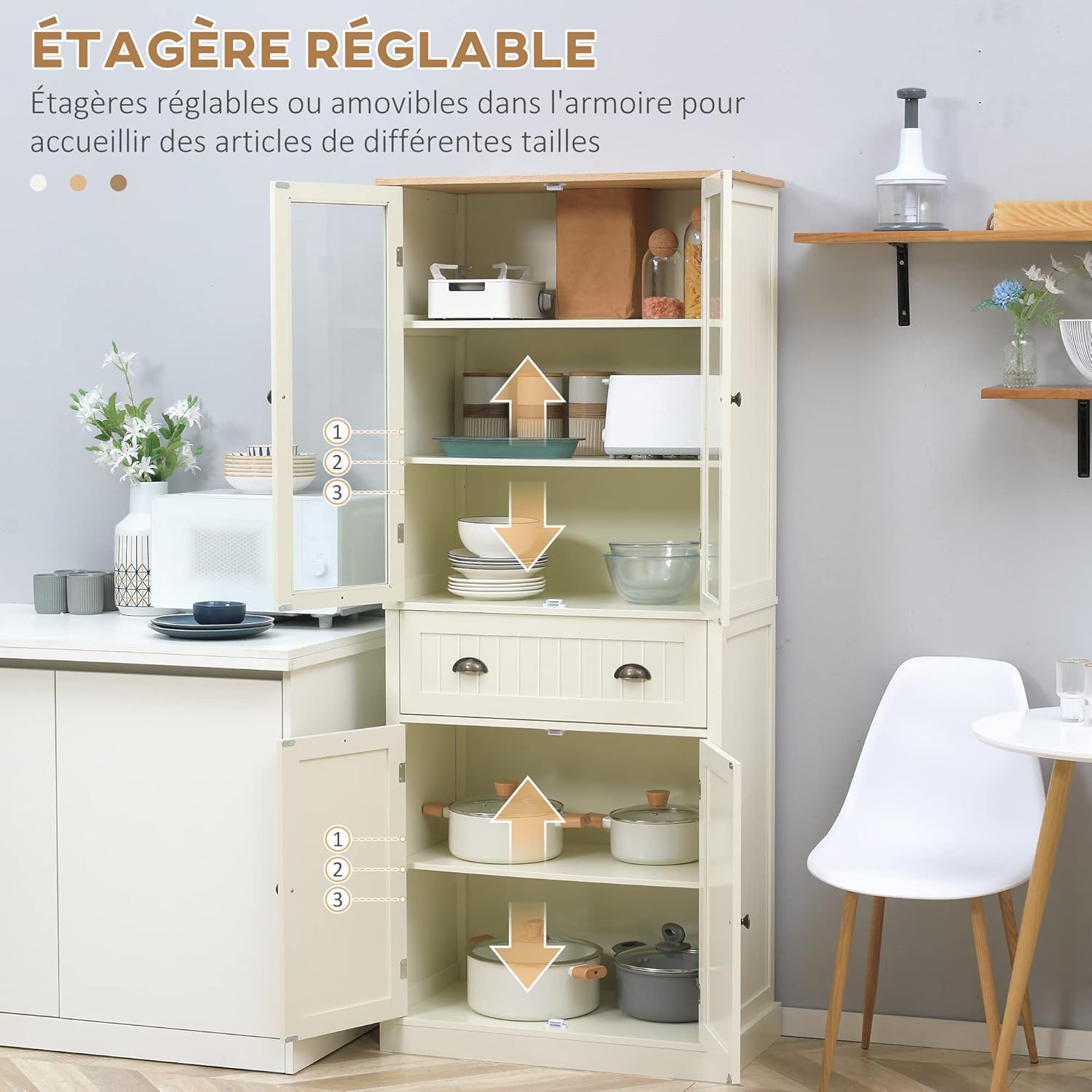HOMCOM Buffet Meuble Cuisine Rangement Armoire de Cuisine 4 Portes Dont 2 Portes vitrées et 1 tiroir Hauteur 182,5 cm avec étagères réglables - Beige – Image 6