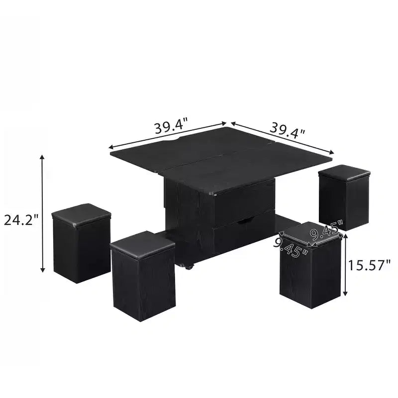 Zeus & Ruta Multi-Function Modern Lift-Top Coffee Table with Hidden Storage, 4 Stools and Casters, Perfect for Modern Living Spaces – Image 9