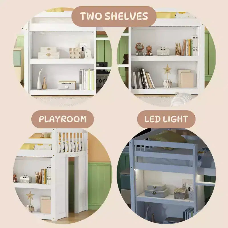 Whisen 79.8''L * 43.9''W Twin Size Kid Low Loft Bed With Two-Tier Shelves And LED Light – Image 12