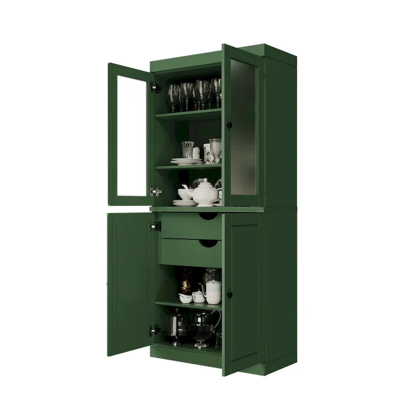 100% Solid Wood Pantry Cabinet with Frosted Glass Doors, Solid Doors, 2-Drawers and Adjustable Shelves – Image 37