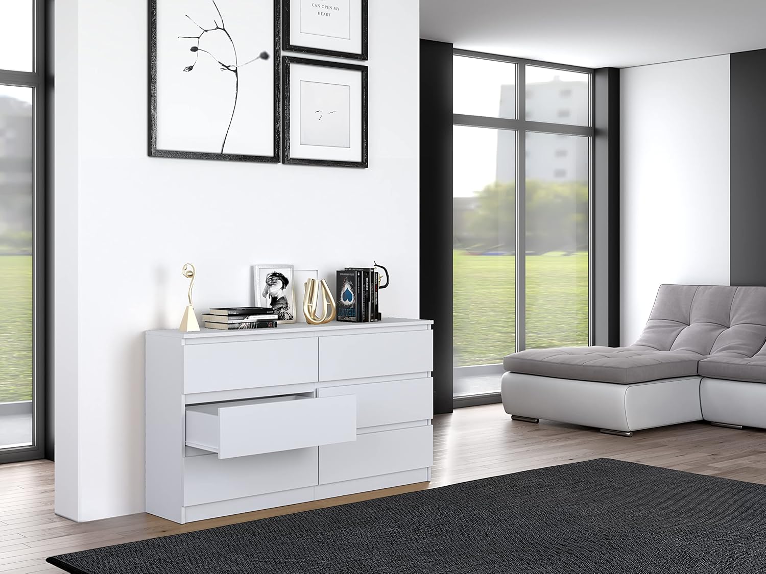 CDF Commode 6 Tiroirs Commode Chambre Blanc Meuble Armoire de Rangement Spacieux pour Salon Bureau Spacieuse et Design Moderne Facile à Installer 40x75x138 cm Meuble à Vêtements – Image 9