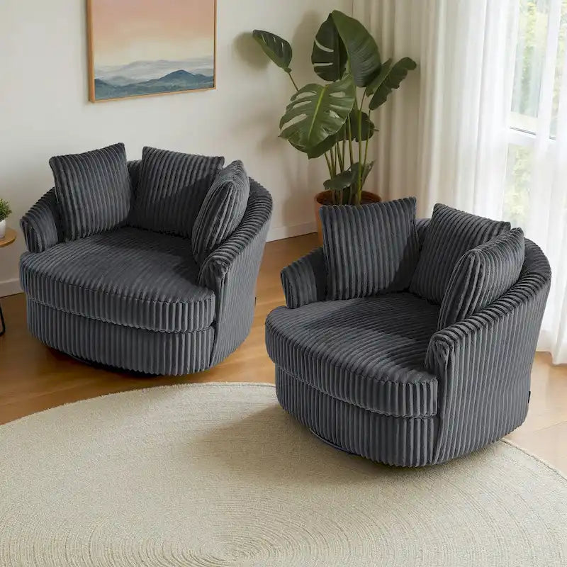 2 Set Oversized 43 W Plush Corduroy Swivel Barrel Chair with Pillows – Image 24