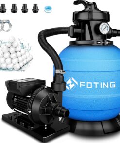 FOTING Système de Filtre à Sable pour Piscine 11 500 L/h (11,5 m³/h) INCL. 200 g de Billes Filtrantes, Filtre de Piscine avec Vanne 7 Voies, Minuterie 24 h, Adaptateur 2-en-1 Ø32–38 mm