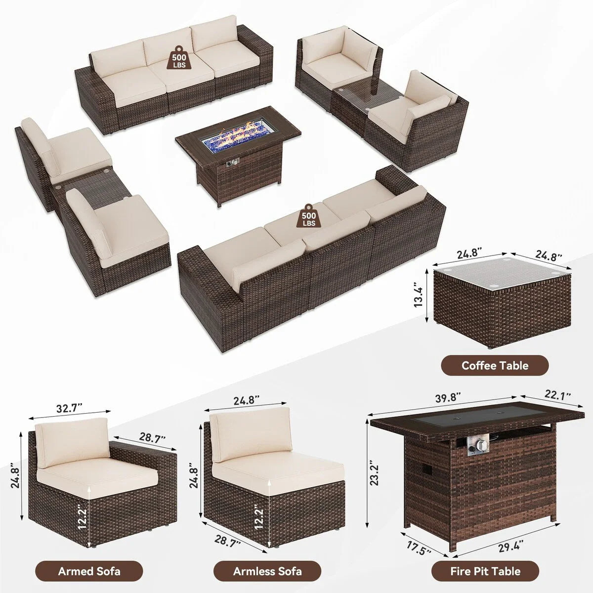 13 Pieces Patio Furniture Set with 44Fire Pit Table – Image 5