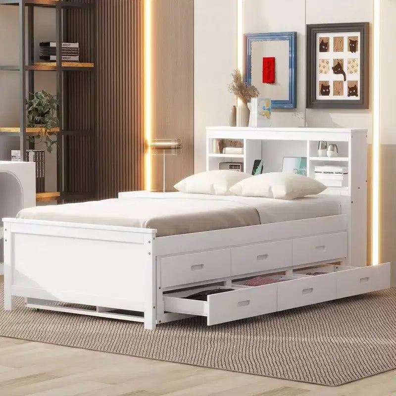 Platform Bed with Trundle and Drawers, Storage Platform Bed with USB, Wood Platform Bed with Bookcase – Image 22