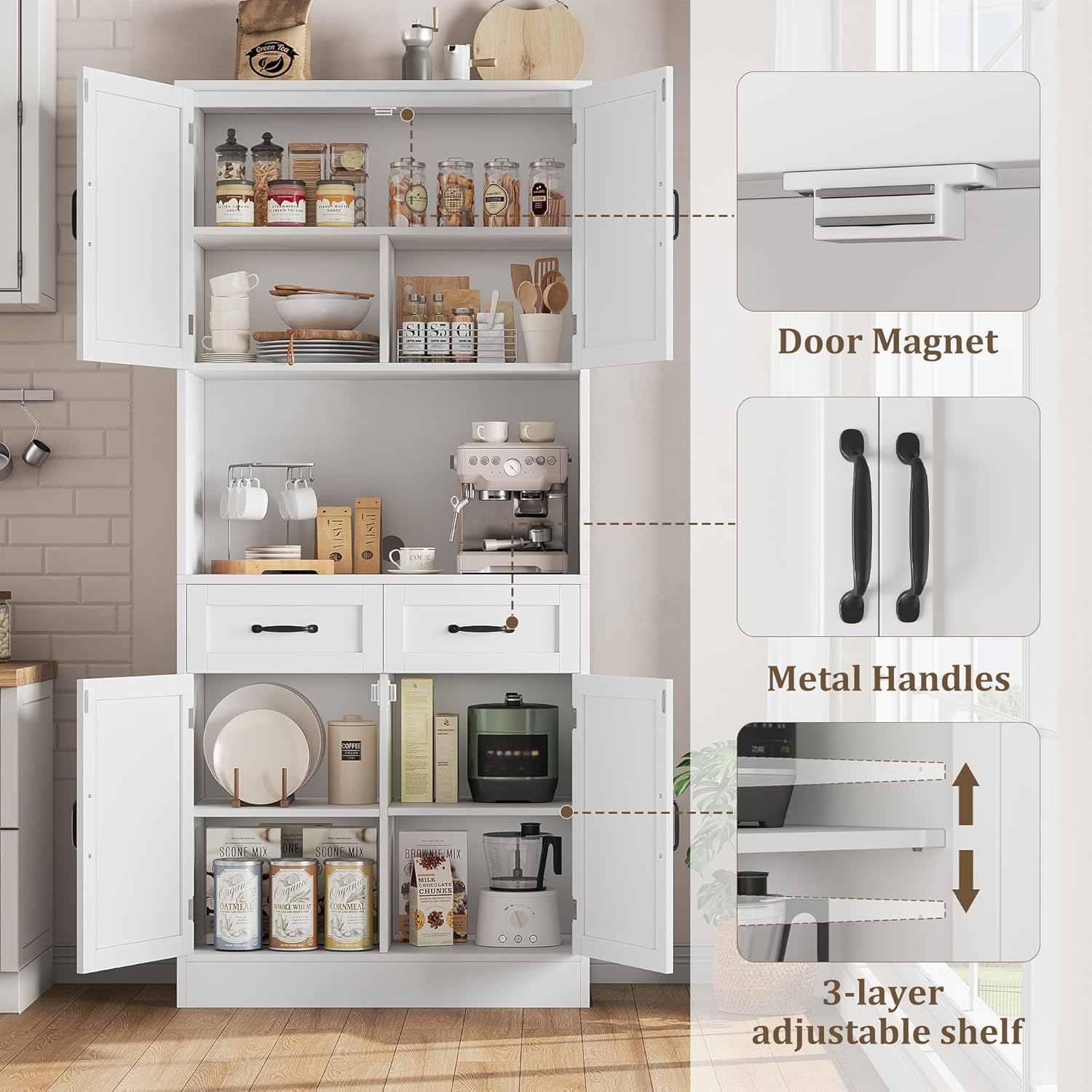 HOCSOK Buffet Haut Cuisine, 180 cm Armoire Cuisine avec 4 Portes et 2 Tiroirs, Meuble de Rangement avec Etagères Réglables, Vaisselier Vitrine, Blanc – Image 6