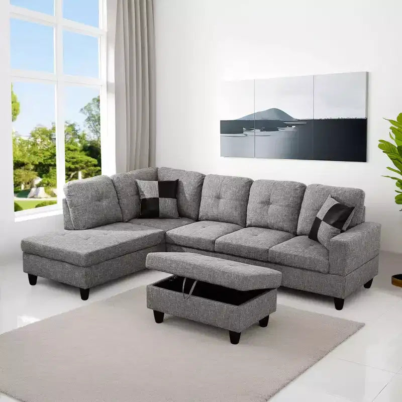 L-Shaped Living Room Sofa with Double Spring Layer, Soft and Breathable 3-Piece Short Plush Sofa Set – Image 11