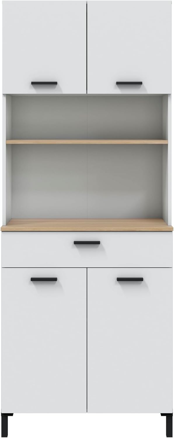 Habitdesign Modèle Kira Meuble de cuisine 4 portes + 1 tiroir Finition blanche Artik et naturel, dimensions : 185 x 72 x 40 cm H x l x P .