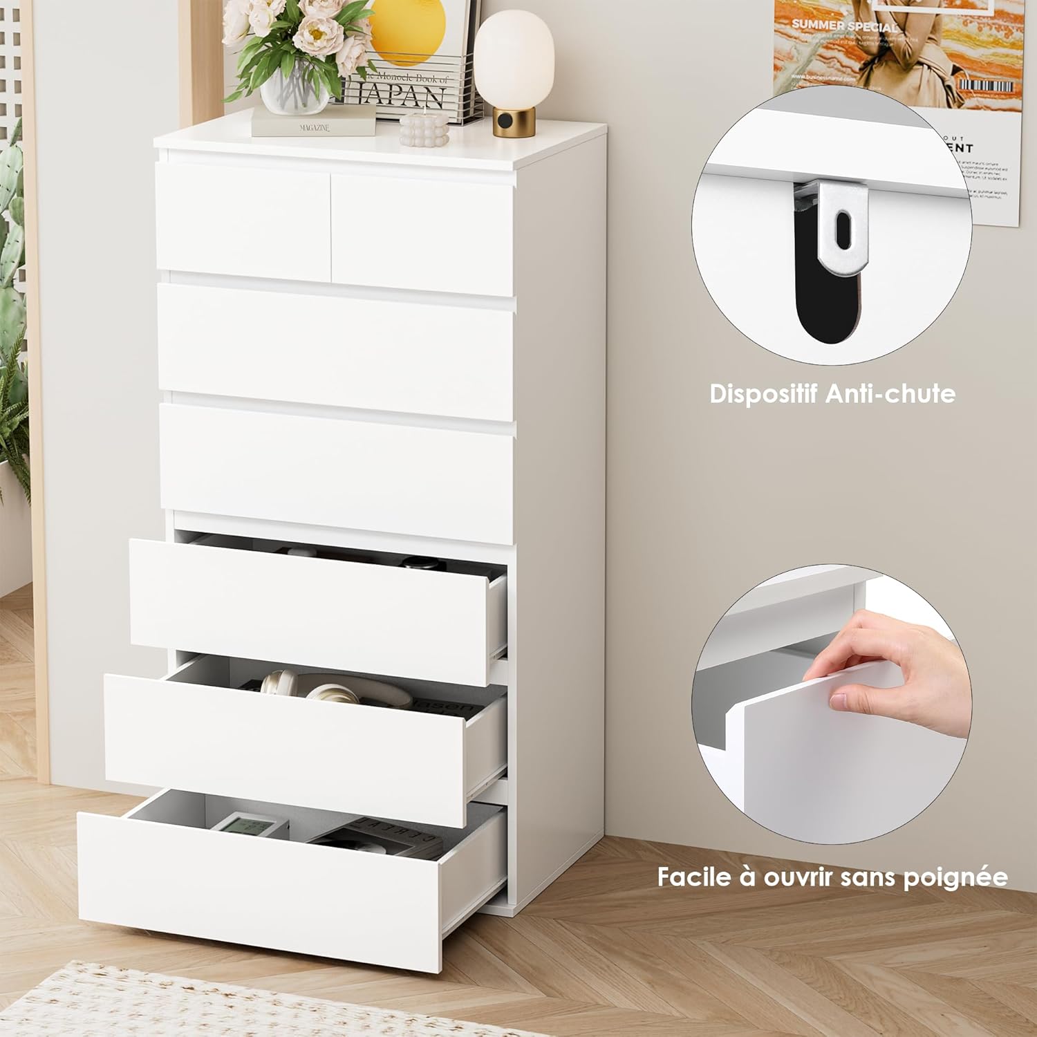 FOREHILL Commode 7 Tiroirs Commode Chambre Adulte Chiffonnier Haut Commodes Rangement Blanche Armoire à Tiroirs pour Salon Couloir en Bois 60x40x119cm – Image 6