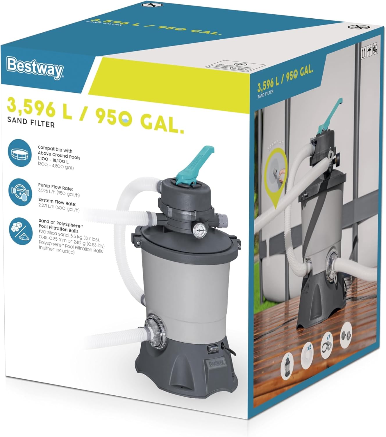 Bestway Pompe de filtration à sable pour piscine hors sol 3 596 L - 30,6 cm x 30,6 cm x 62 cm - Gris/Vert – Image 6
