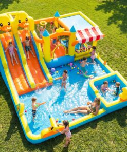 Hapfan Château Gonflable 11-en-1 avec Double Toboggan Aquatique – Piscine, Pistolet à Eau, Mur d’Escalade & Panier de Basket pour Les Plus Grands –520 * 445 * 245cm, Idéal pour Une fête de Jardin