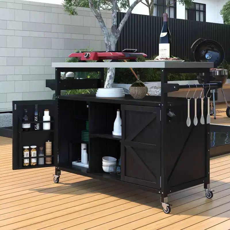 Outdoor Kitchen Island with Stainless Steel Top, Wooden Kitchen Cart with Doors, Shelves and Spice Rack, Rolling Kitchen Island – Image 6