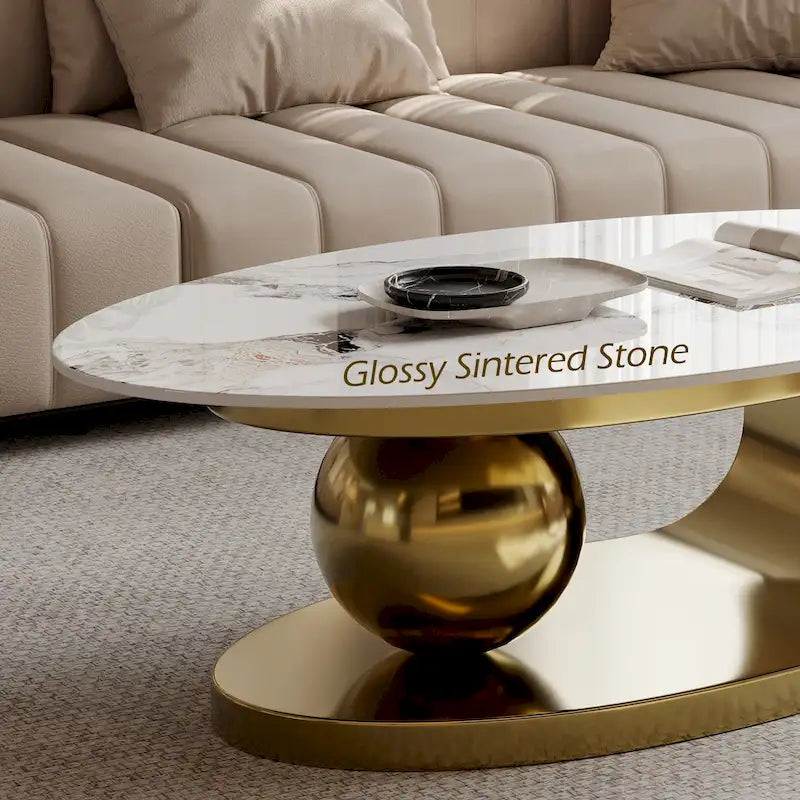 51 Modern Pandora Oval Coffee Table with Glossy Sintered stone top, Luxury Coffee Table, Stainless Steel Legs for Livingroom – Image 11