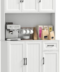 HOMCOM Armoire de cuisine, armoire buffet avec plan de travail, étagères réglables, 6 portes, tiroir, haute garde-manger avec trou de câble, pour cuisine salon salle à manger 100 x 39,5 x