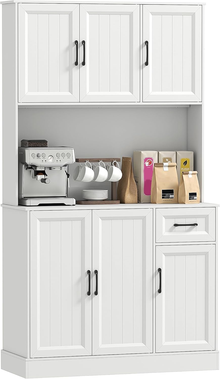 HOMCOM Armoire de cuisine, armoire buffet avec plan de travail, étagères réglables, 6 portes, tiroir, haute garde-manger avec trou de câble, pour cuisine salon salle à manger 100 x 39,5 x