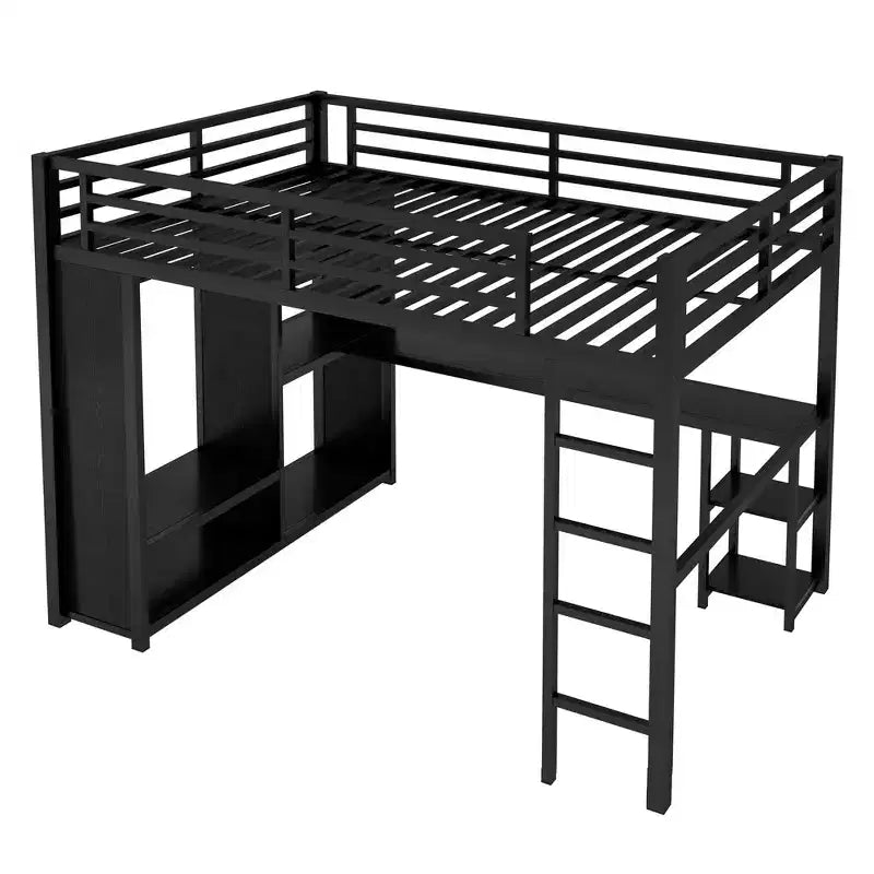 Queen Size Loft Bed Frame with Built-in Wardrobe Metal Loft Bed with Desk and Storage Shelves Black – Image 5