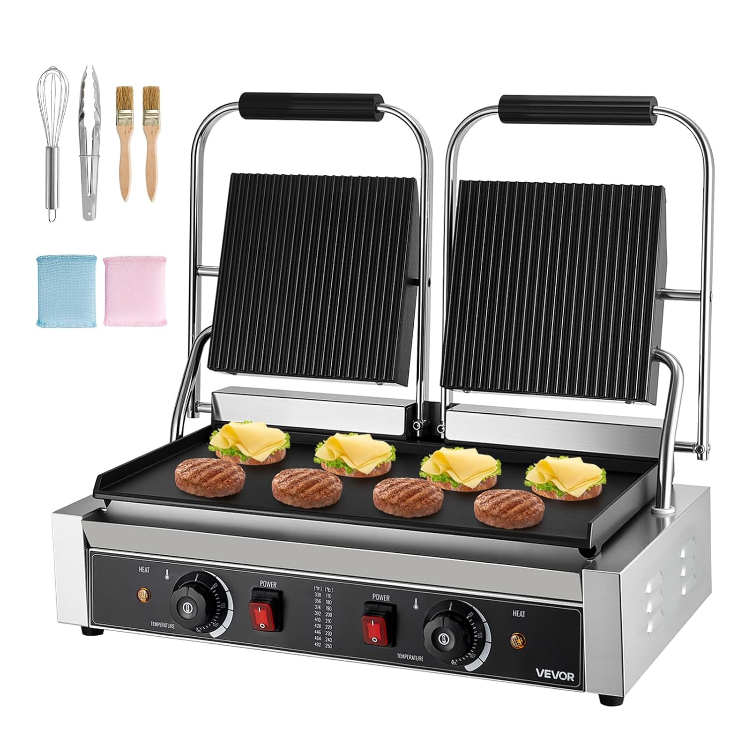 VEVOR Gril Panini Électrique de 3600 W, Double Presse à Panini avec Plaque de Cuisson Émaillée de 48,5x23 cm, Appareil à Sandwich en Inox, Contrôle de la Température, pour Hamburger, Steak, Cuisine