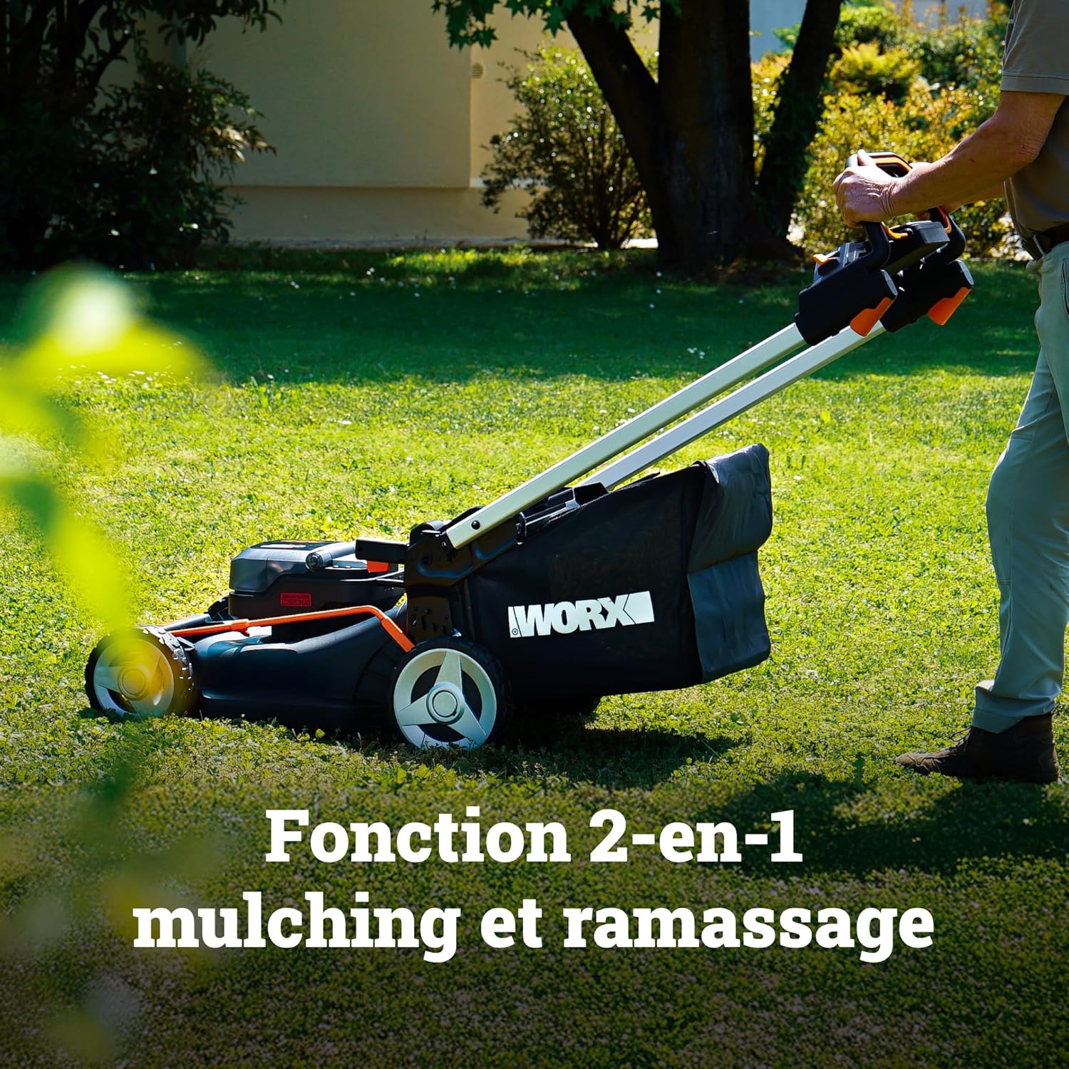 WORX Tondeuse à Gazon tractée Brushless sans Fil 40V WG749E, jusqu'à 500m² sur Une Charge, diam. 46cm, Coupe jusqu'aux Bordures, Sac de 55 L, Mulching, livée avec 2 Batteries 4Ah et Chargeur – Image 6