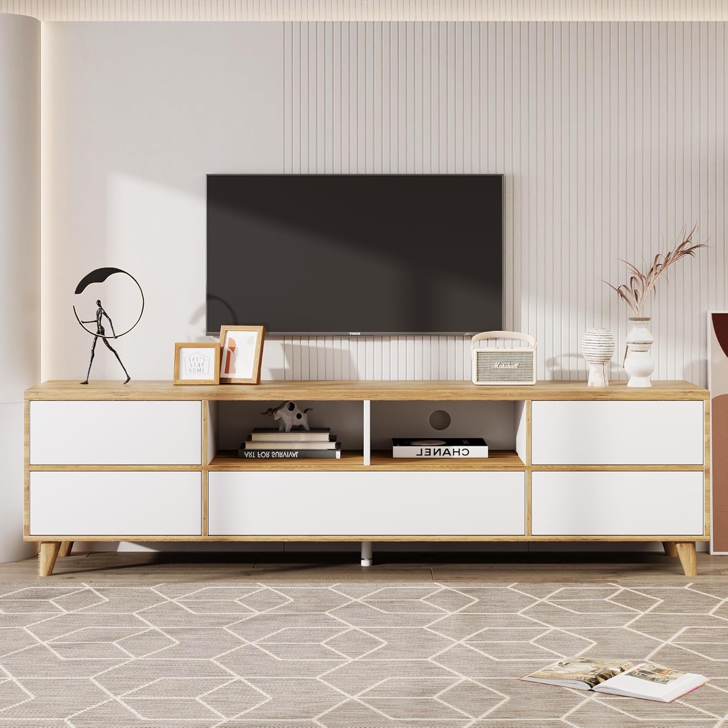 BTM Meuble TV Rustique, Banc TV avec Compartiments et Portes,pour Salon, Salle à Manger, Chambre, Rangement Pratique,Blanc et Bois Naturel,175x37x51cm