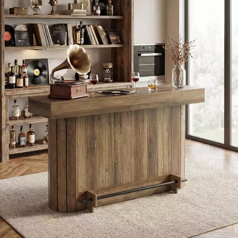 Lantine Bar Table, 63-Inch Wooden Home Bar Unit with Metal Footrest, Pub Table with Storage Shelves for Living Room, Bistro, Dining Room (Brown) – Image 5