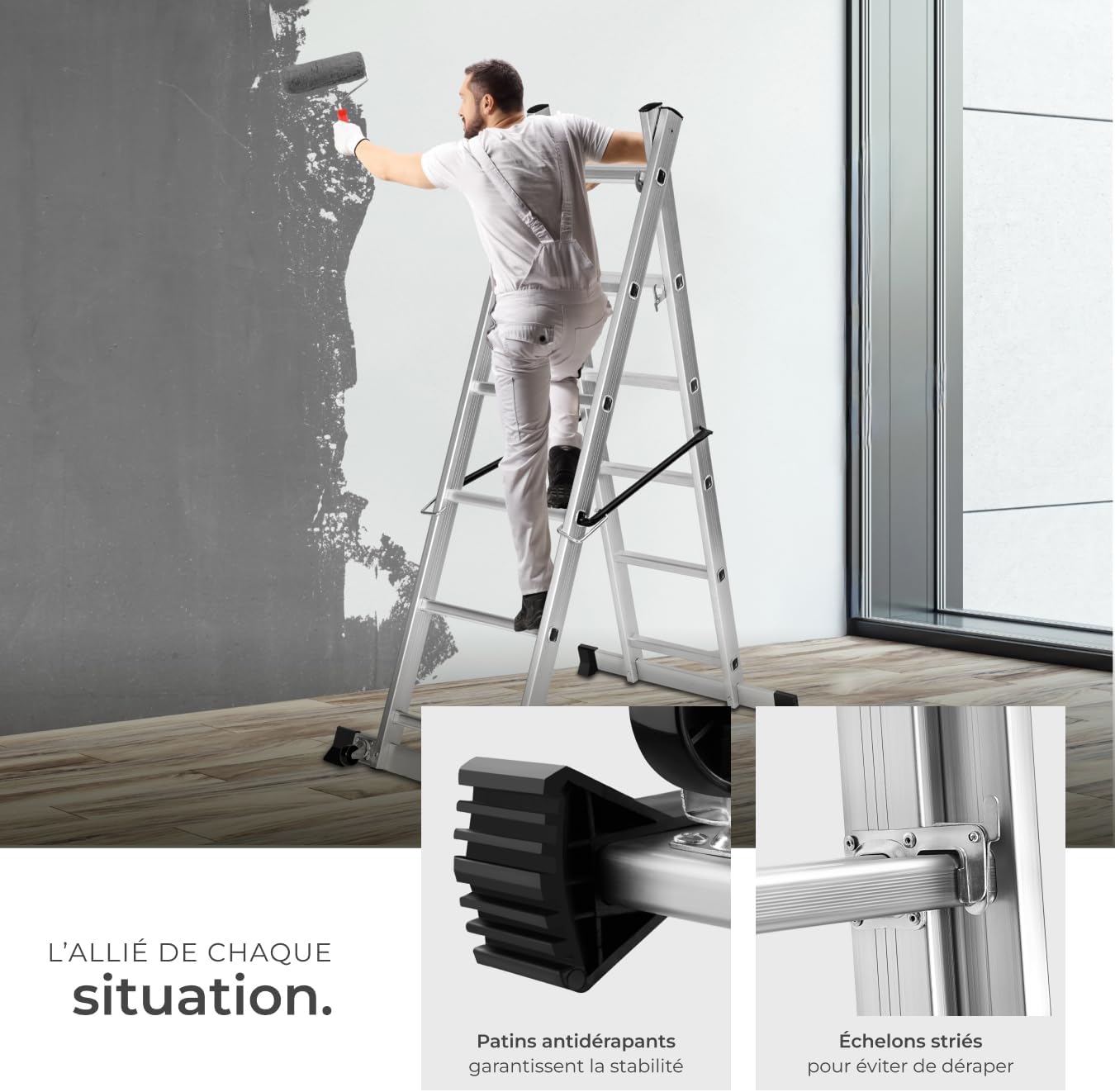tectake® Échelle Multifonction 3 en 1 Échafaudage Roulant en Acier Plateforme de Travail Antidérapante Échelle Téléscopique Échelle Pliante Escabeau Pliant Bricolage Peinture Toiture – Image 9