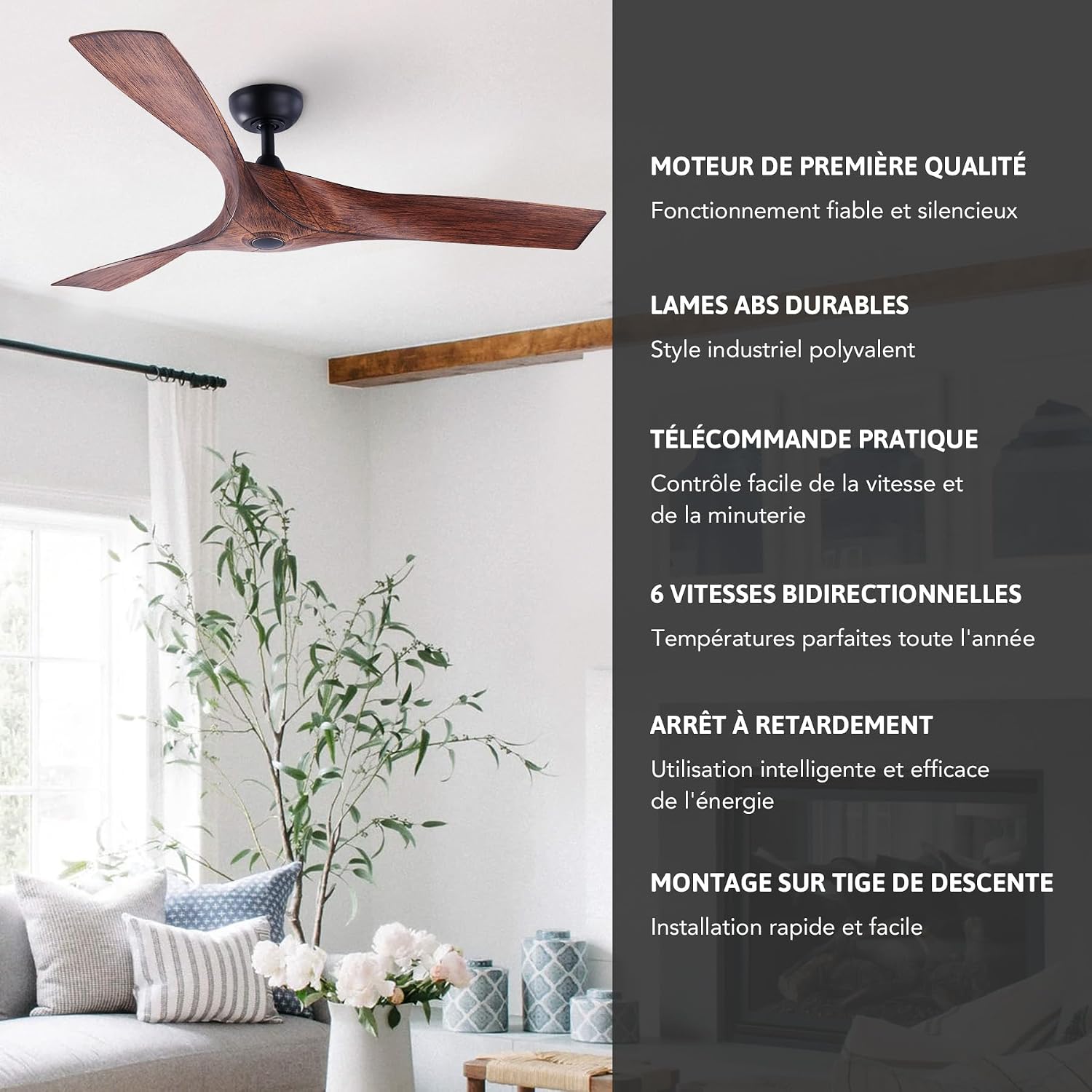 VONLUCE Ventilateur de Plafond Ø132CM 52 Pouces 3 Pales sans Lumière avec Télécommande Moteur DC Silencieux Réversible 6 Vitesses pour Chambre à Coucher Patios Salon Fermier, Noyer – Image 4