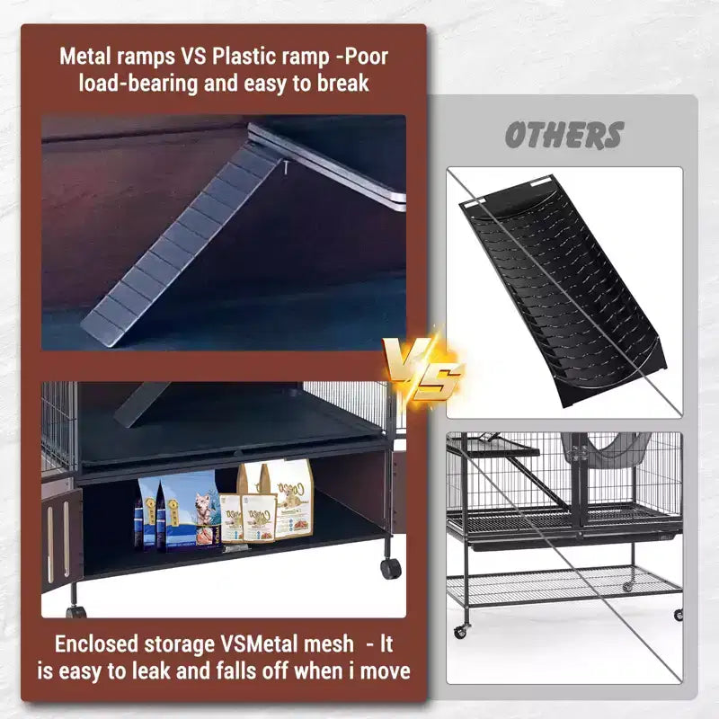 Small Animal Cage, Ferret Cage - 59'' 5-Tier Habitat with Storage Cabinet, Includes Hammock/Wheels/Removable Ramps/Easy-Clean Trays – Image 6