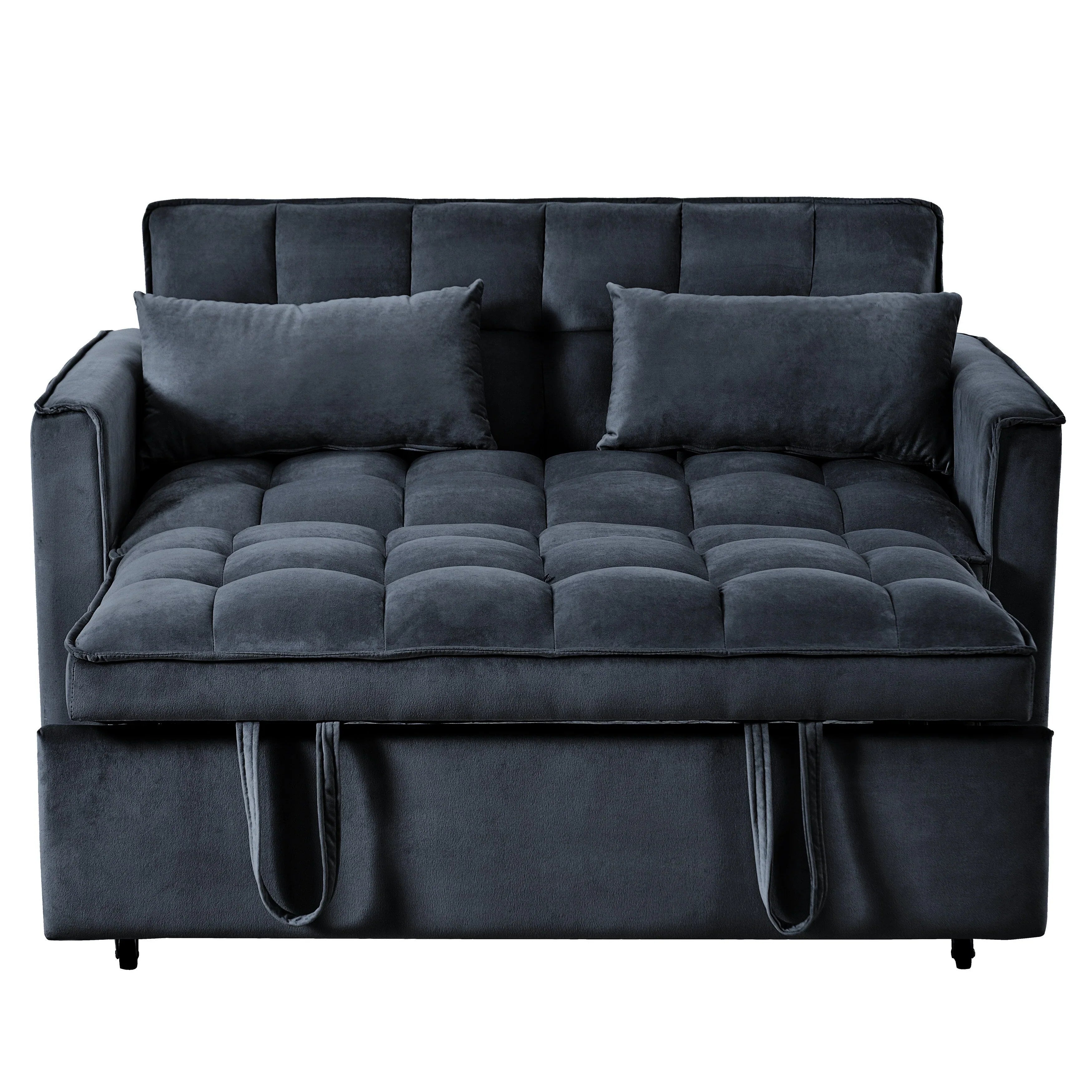 Modern Pull-Out Couch Bed, 3-in-1 Sleeper Sofa with Adjustable Backrest, Velvet Loveseat, Pillows & Side Pockets – Image 24