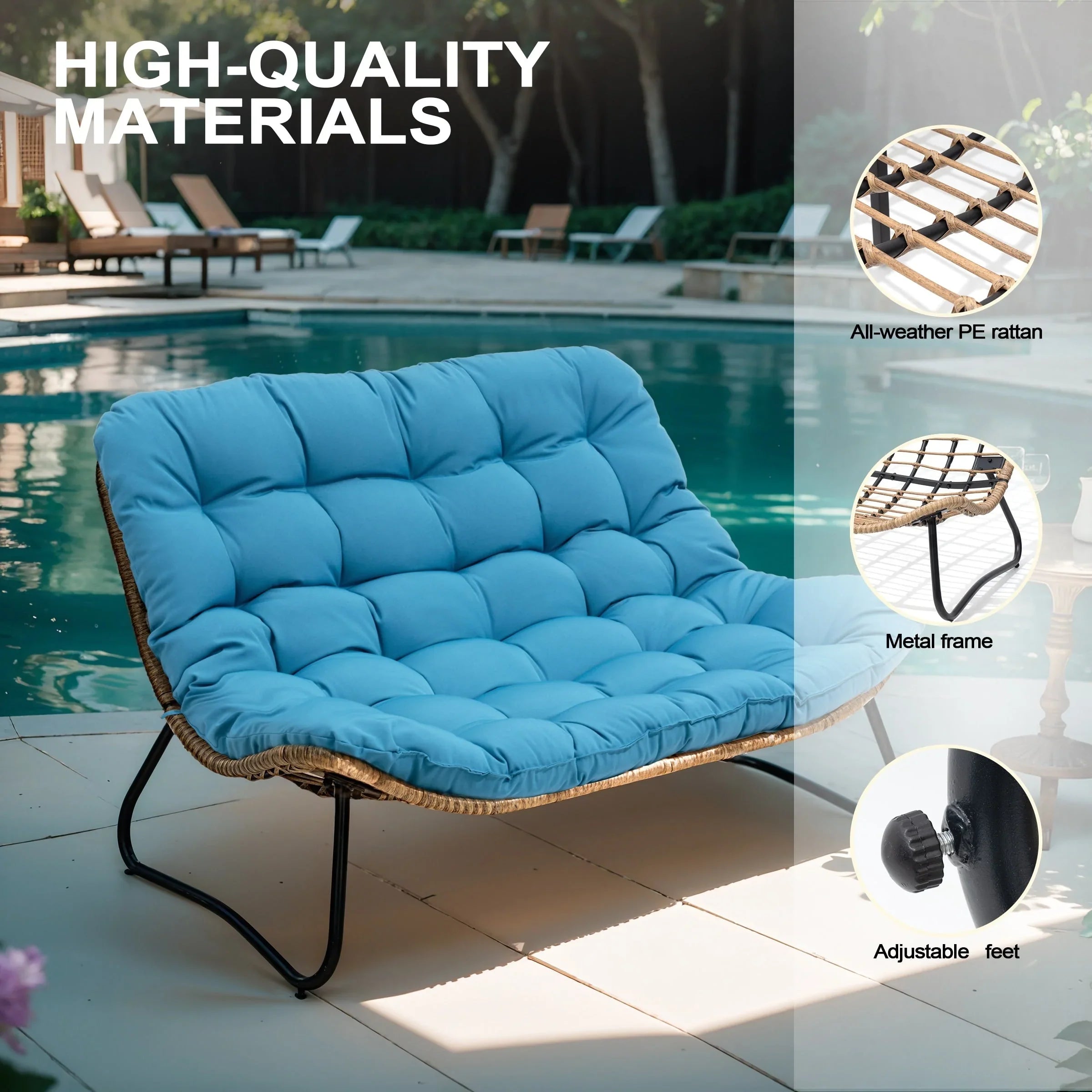 Double Papasan Chair Loveseat with Cushion, All-weather PE Rattan and Metal Frame for Indoor Outdoor – Image 6