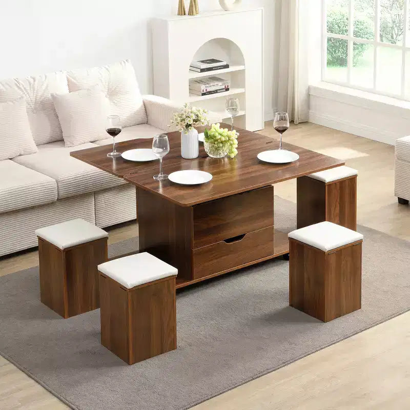 Zeus & Ruta Multi-Function Modern Lift-Top Coffee Table with Hidden Storage, 4 Stools and Casters, Perfect for Modern Living Spaces – Image 36