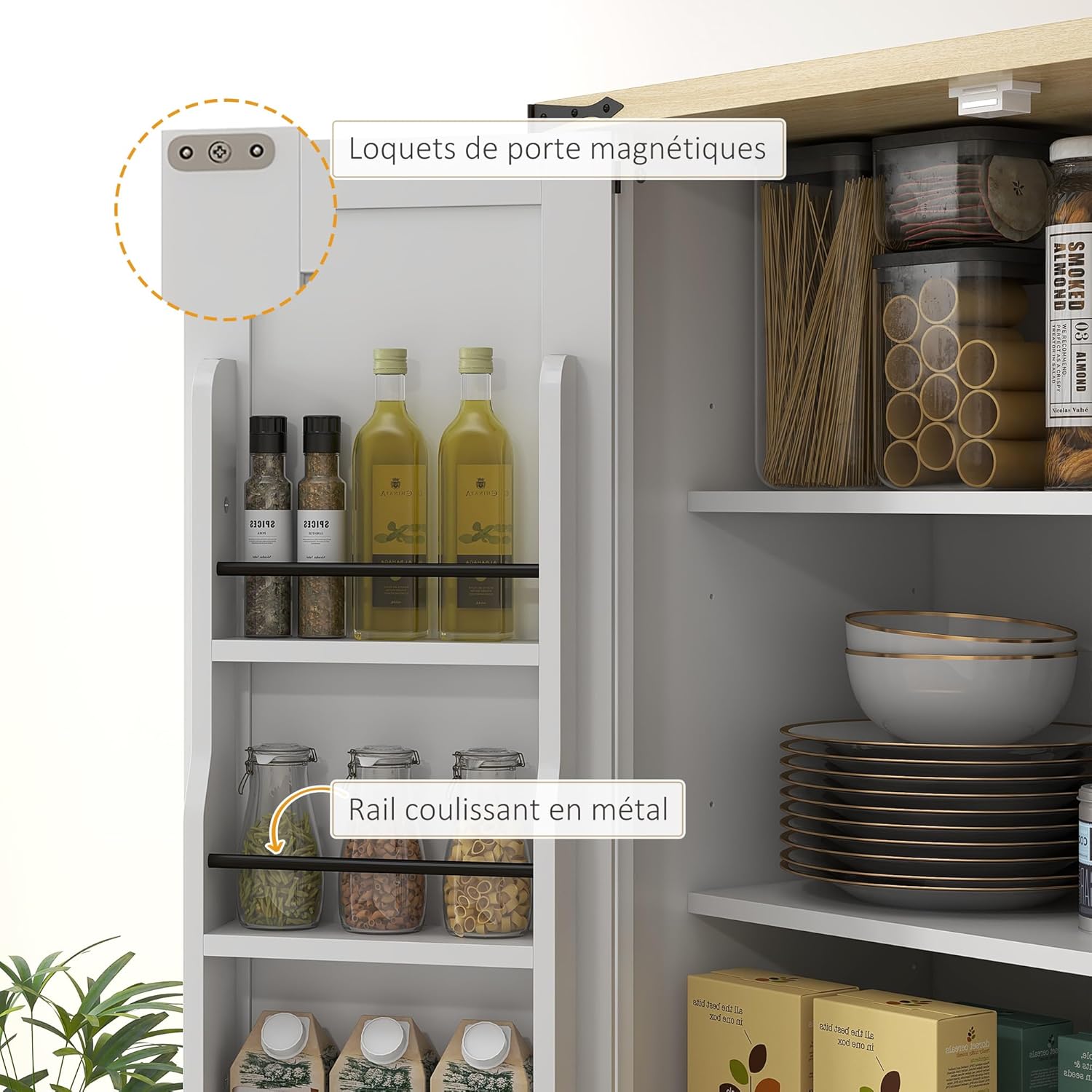 HOMCOM Armoire de Cuisine Buffet Cuisine vaisselier Meuble de Rangement avec 4 Portes, 6 étagères à Porte,1 tiroir et étagères réglables, 76,5 x 40 x 181 cm, Blanc – Image 8
