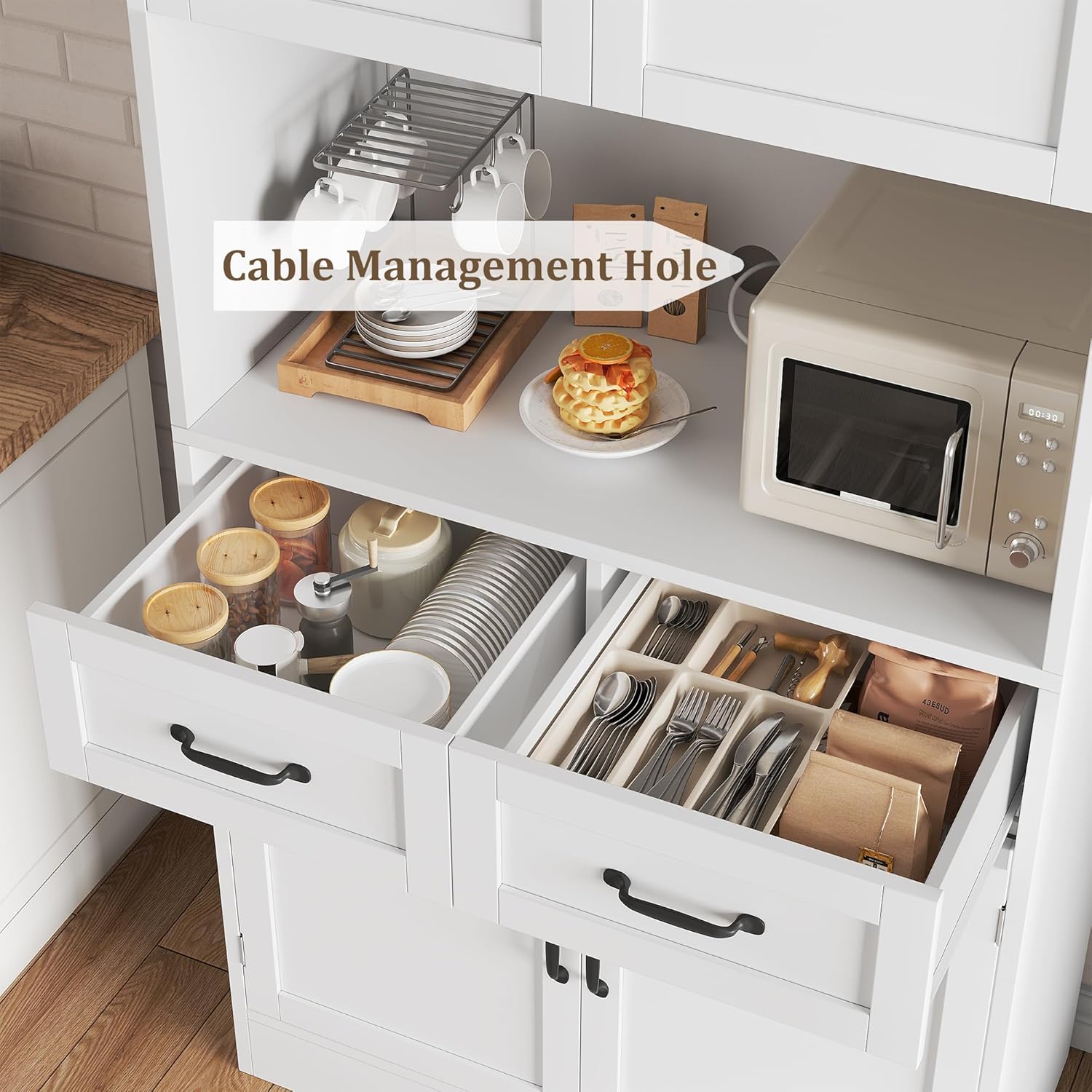 HOCSOK Buffet Haut Cuisine, 180 cm Armoire Cuisine avec 4 Portes et 2 Tiroirs, Meuble de Rangement avec Etagères Réglables, Vaisselier Vitrine, Blanc – Image 5