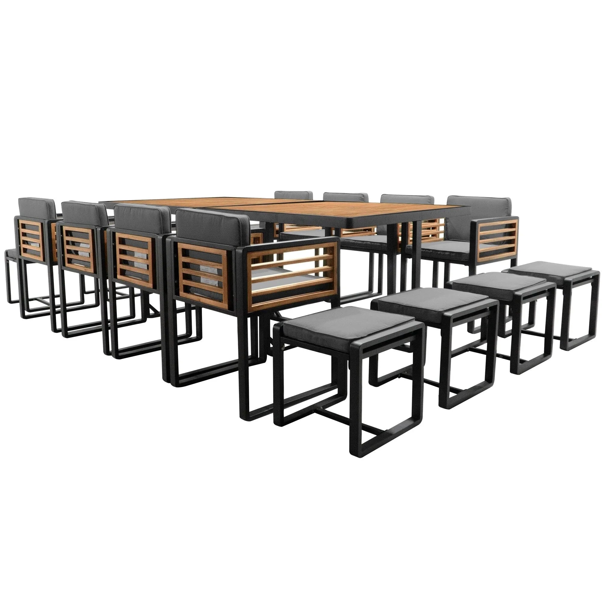 18-Pieces Acacia Wood Patio Dining Set, 8 Cushioned Chairs & 8 Ottomans & 2 Square Table – Image 9