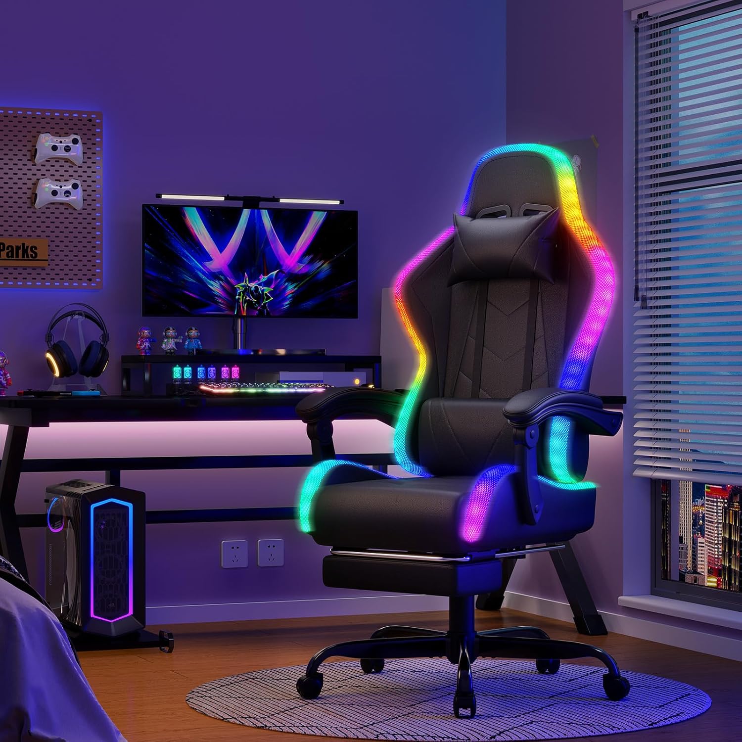 Devoko Chaise Gaming Ergonomique avec LED RGB, Massage Lombaire & Repose-Pieds – Fauteuil Gamer avec Appui-tête réglable – Dossier inclinable & Hauteur Ajustable – 180 kg – Noir – Image 4