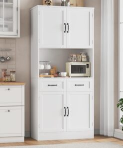 HOCSOK Buffet Haut Cuisine, 180 cm Armoire Cuisine avec 4 Portes et 2 Tiroirs, Meuble de Rangement avec Etagères Réglables, Vaisselier Vitrine, Blanc