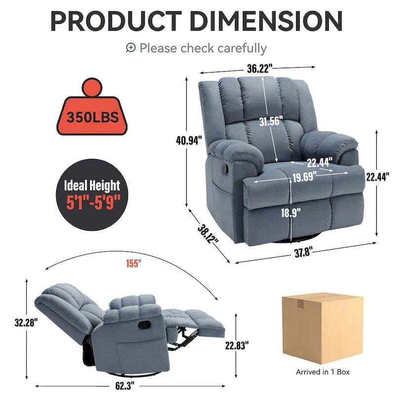 Lazy Boy Swivel Rocker Fabric Recliner Chair, Overstuffed Large Manual Recliner Glider with Pillow Top Arms and Cushion Back – Image 20