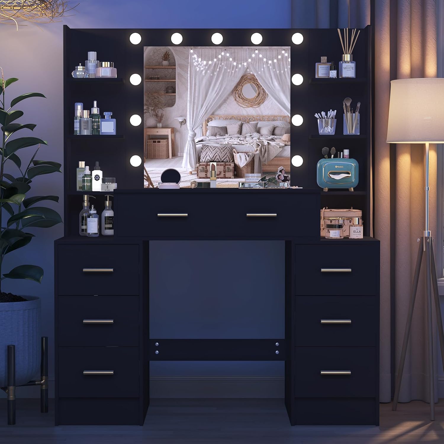 Puselo Coiffeuse avec éclairage et miroir, 7 tiroirs, 8 étagères, pour chambre à coucher, 110 x 40 x 140 cm, noire – Image 5