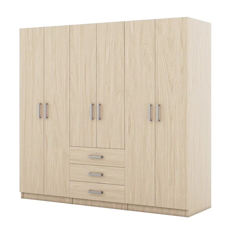 6-Doors Wooden Wardrobe Storage with 3 Big Drawers for Bedroom – Image 26