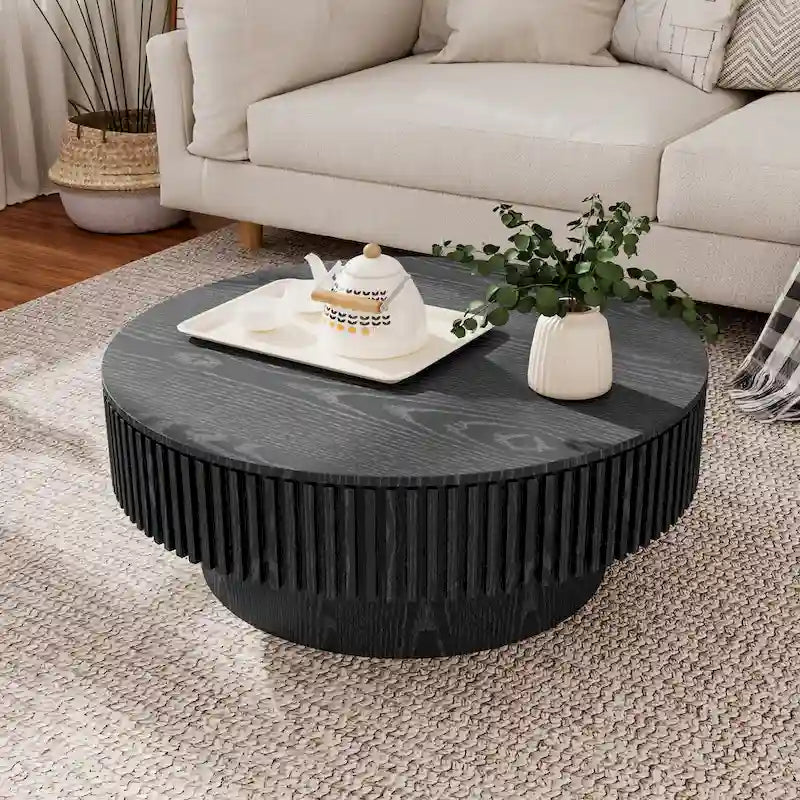 Modern Solid Wood Veneered Round Coffee Tea Table with Storage – Image 24