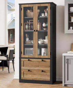Farmhouse Kitchen Pantry Cabinet with Glass Doors, 72in Storage Cupboard with Drawers and Adjustable Shelves for Dining Room Bathroom Living Room