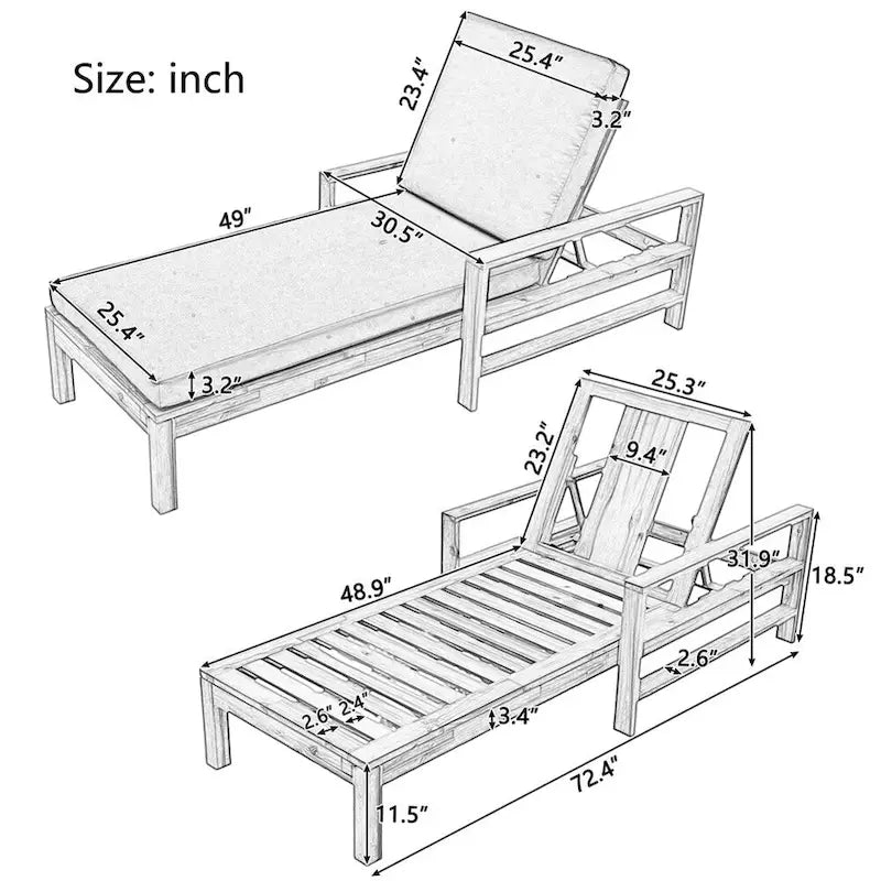 Wood Adjustable Backrest Outdoor Lounge Chair, Suitable for Gardens, Terraces and Poolside Areas – Image 6