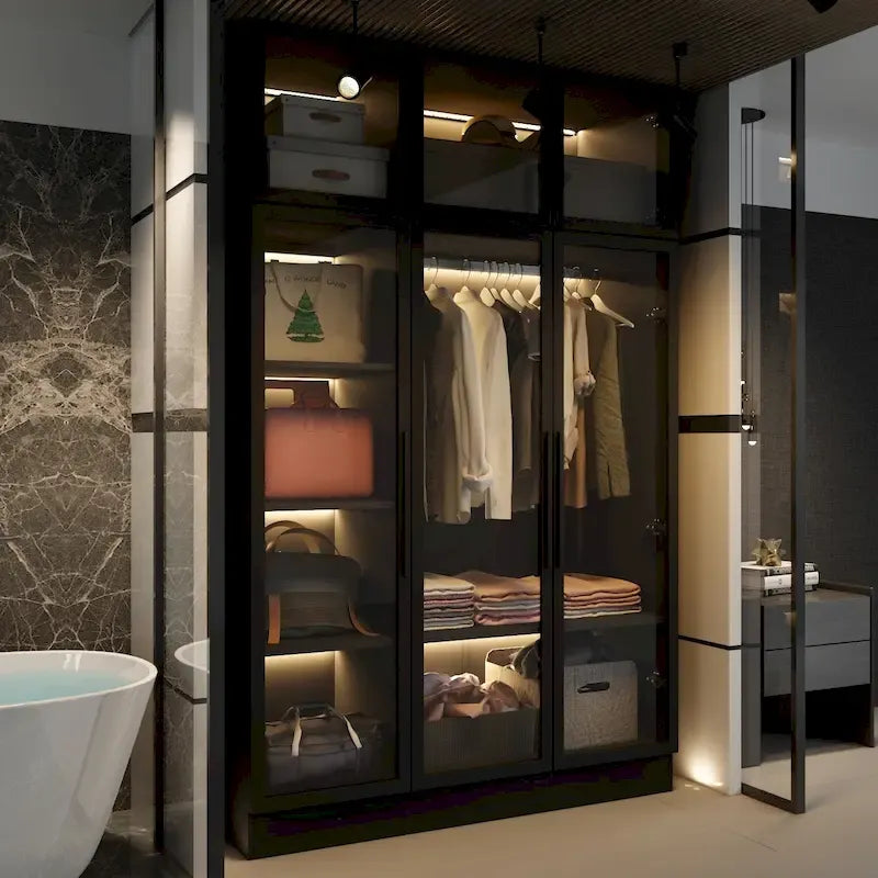 47.2 Wide Armoire LED Light All Glass Door Closet Cabinet Wardrobe – Image 18
