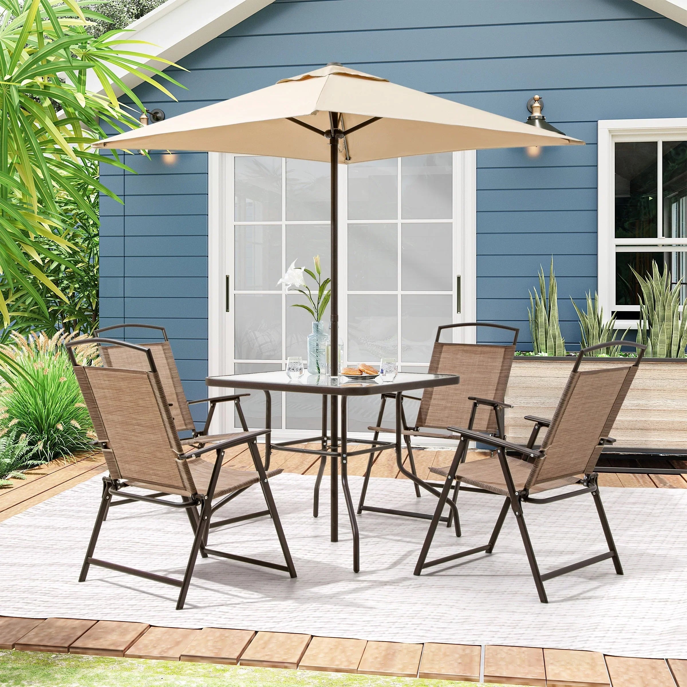 Pellebant 6 Piece Patio Set with Table, Umbrella and 4 Folding Chairs - 22.4Wx26.8Dx34.4H – Image 16