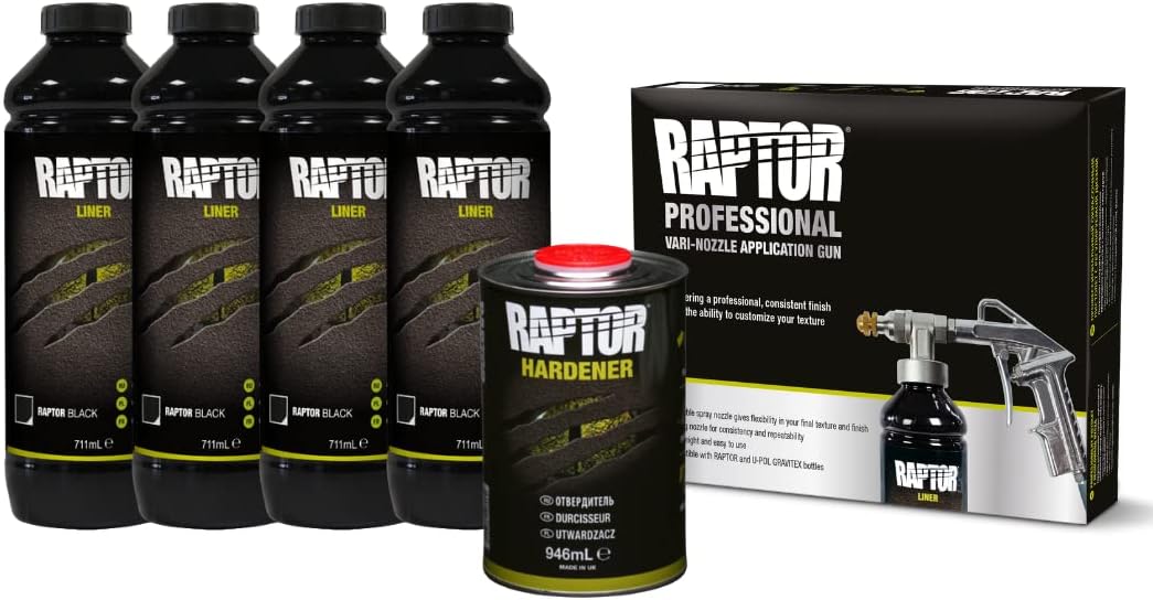 RAPTOR kit de revêtement de protection - 4 bouteilles de 3,79 litres (incluant le durcisseur), noir, avec le pistolet professionnel RAPTOR à buse réglable