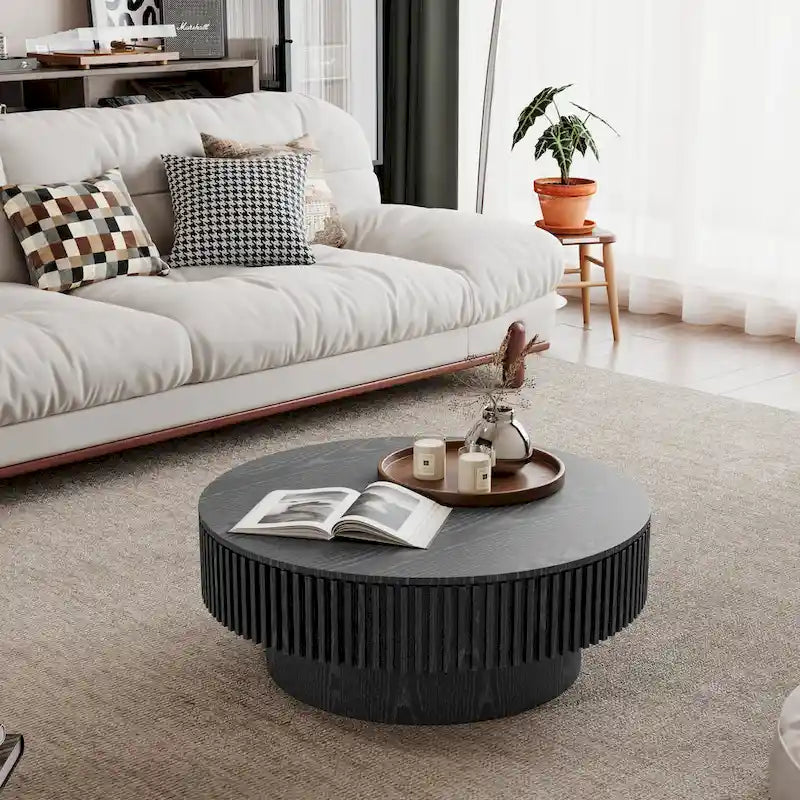 Modern Solid Wood Veneered Round Coffee Tea Table with Storage – Image 21