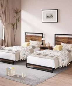 Set of 2 Platform Bed Frame with Wooden Headboard and Footboard, Heavy Duty Wooden Slats Support, No Box Spring Needed (6 Inch Twin Size )