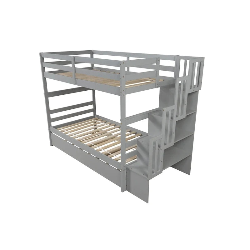 Twin over Twin Bunk Beds With Twin Trundle and Stairway Storage Function in Grey Color – Image 12