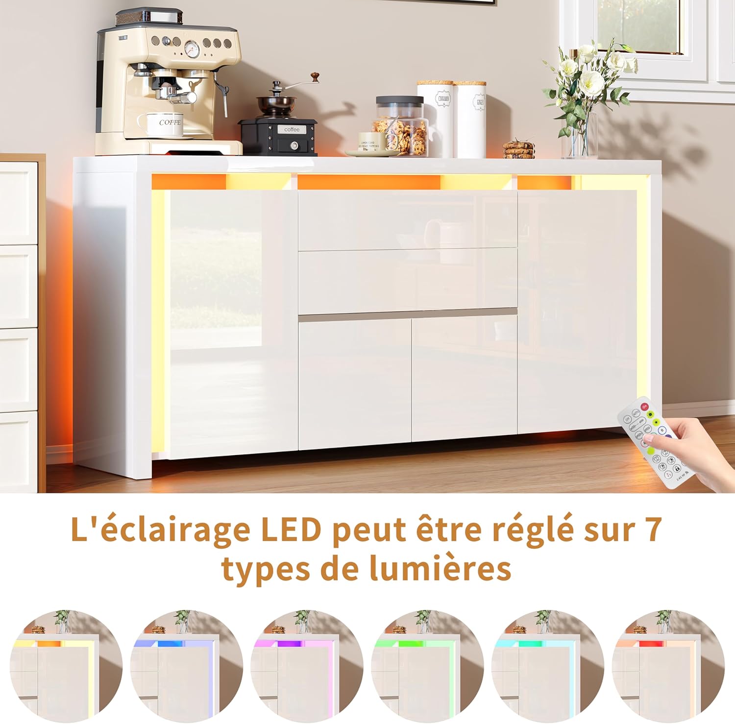 LONELYO Buffet Blanc Laqué 4 Portes2 Tiroirs avec Éclairage LED, Meuble de Rangement Moderne pour Salon, Cuisine ou Entrée, Design Haut Brillant Blanc – Image 6