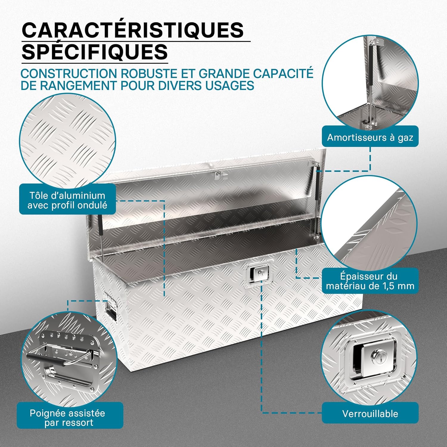 Wiltec Caisse à outils en aluminium - 124 x 37 x 38 cm - 170 litres - Boîte à outils alu ondulé - Vérins à gaz, poignées - Transport Rangement – Image 2